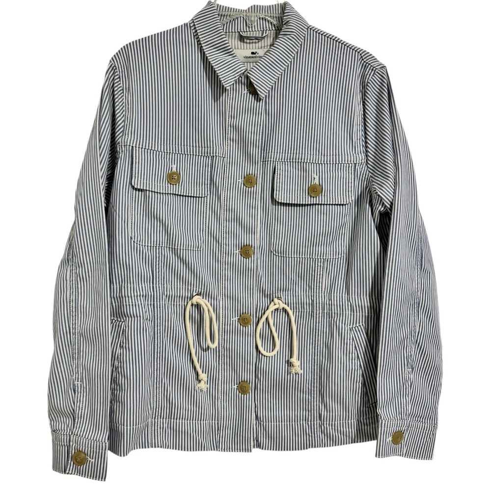 Vineyard Vines Railroad Stripe Utility Jacket Women's  M Blue White Button Front